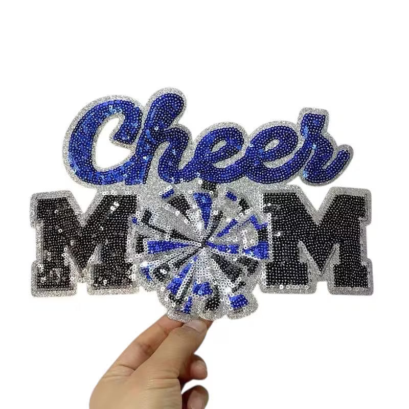 Sequin Pom Pom Cheer Mom Iron On Patch Customizable Colors