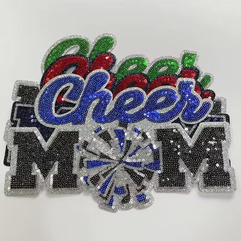 Sequin Pom Pom Cheer Mom Iron On Patch Customizable Colors