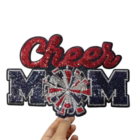 Sequin Pom Pom Cheer Mom Iron On Patch Customizable Colors