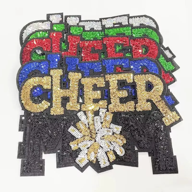 Cheer Mom Sequin Iron-On Patch: Pom Pom Design